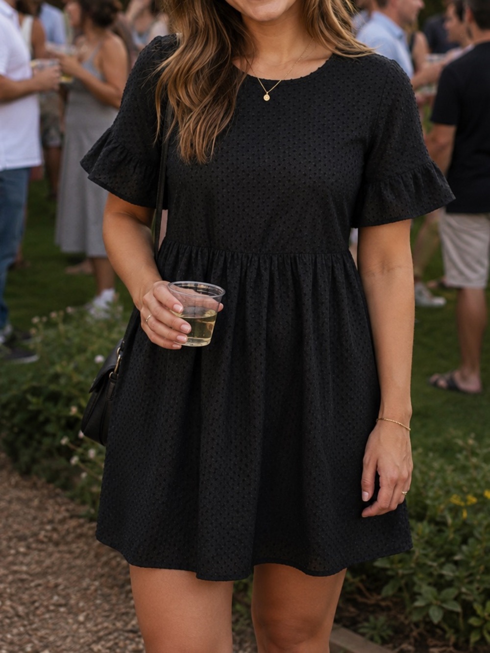 Black Swiss Dot Mini Dress with Ruffle Sleeves